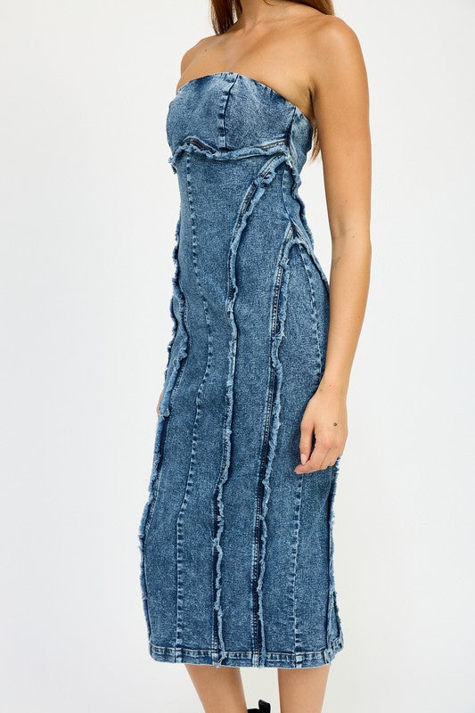 Emory Park Annalee FRAYED SEAM Strapless Denim MIDI DRESS