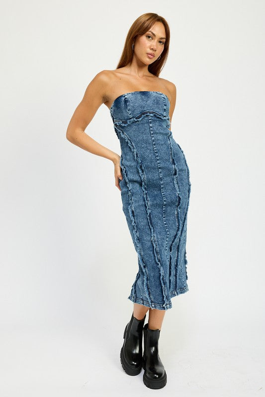 Emory Park Annalee FRAYED SEAM Strapless Denim MIDI DRESS