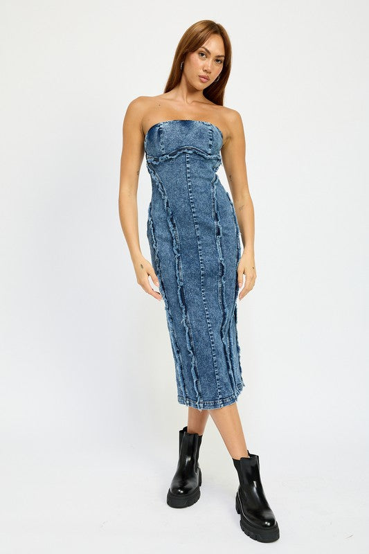 Emory Park Annalee FRAYED SEAM Strapless Denim MIDI DRESS