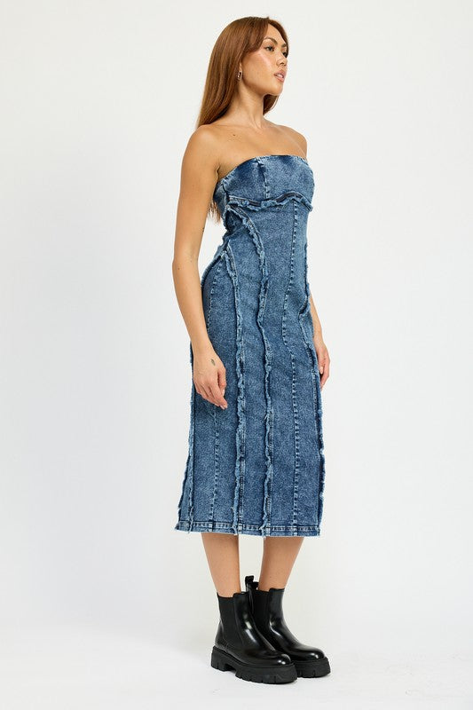 Emory Park Annalee FRAYED SEAM Strapless Denim MIDI DRESS