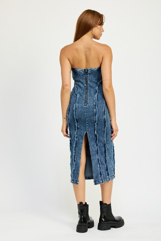 Emory Park Annalee FRAYED SEAM Strapless Denim MIDI DRESS