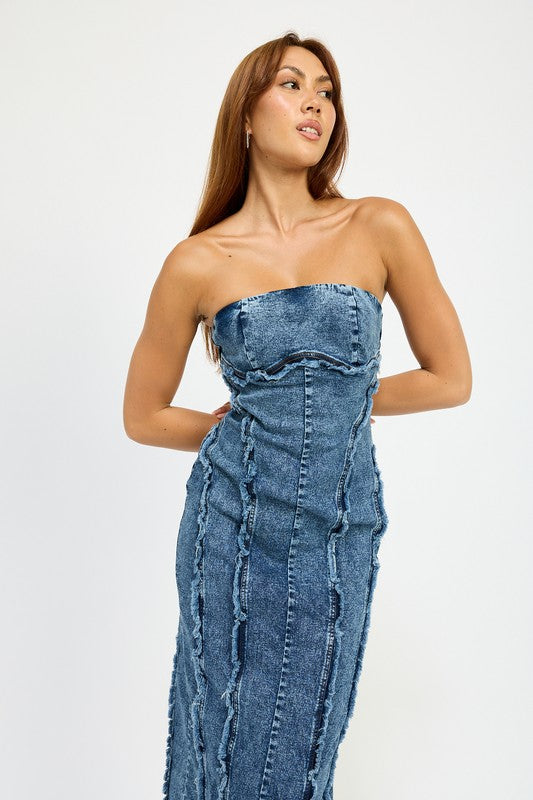 Emory Park Annalee FRAYED SEAM Strapless Denim MIDI DRESS