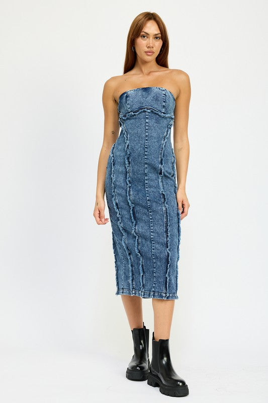 Emory Park Annalee FRAYED SEAM Strapless Denim MIDI DRESS