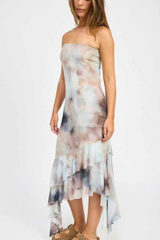 Emory Park Enya Abstract Print RUFFLED ASYMMETRICAL TUBE DRESS