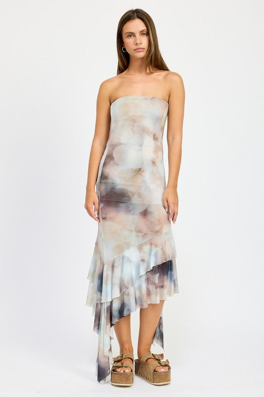 Emory Park Enya Abstract Print RUFFLED ASYMMETRICAL TUBE DRESS