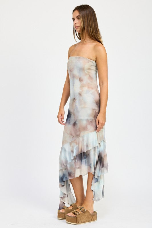 Emory Park Enya Abstract Print RUFFLED ASYMMETRICAL TUBE DRESS