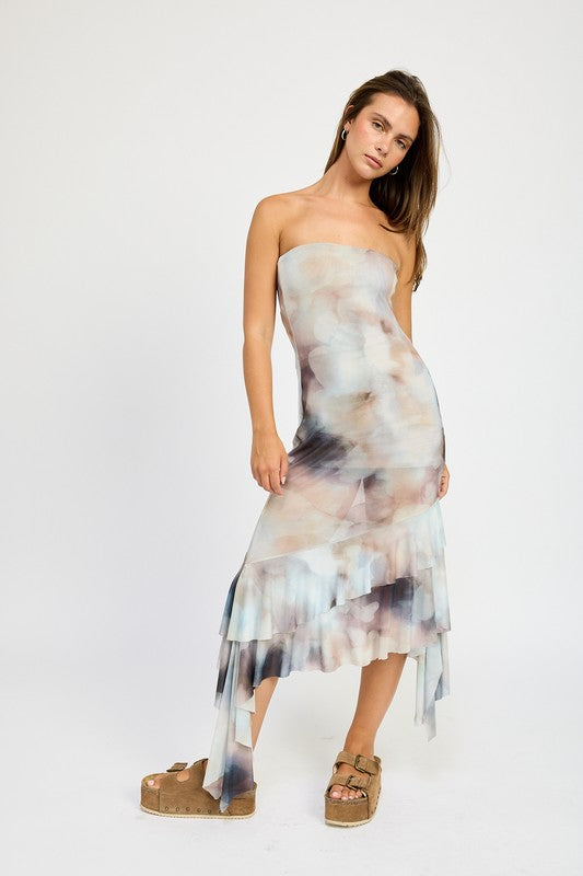 Emory Park Enya Abstract Print RUFFLED ASYMMETRICAL TUBE DRESS