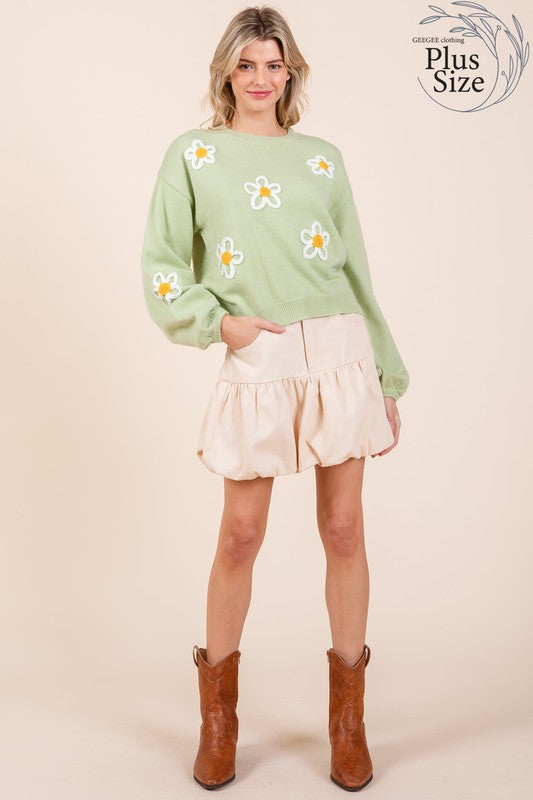 GeeGee Plus Size Floral Embroidered Knit Sweater