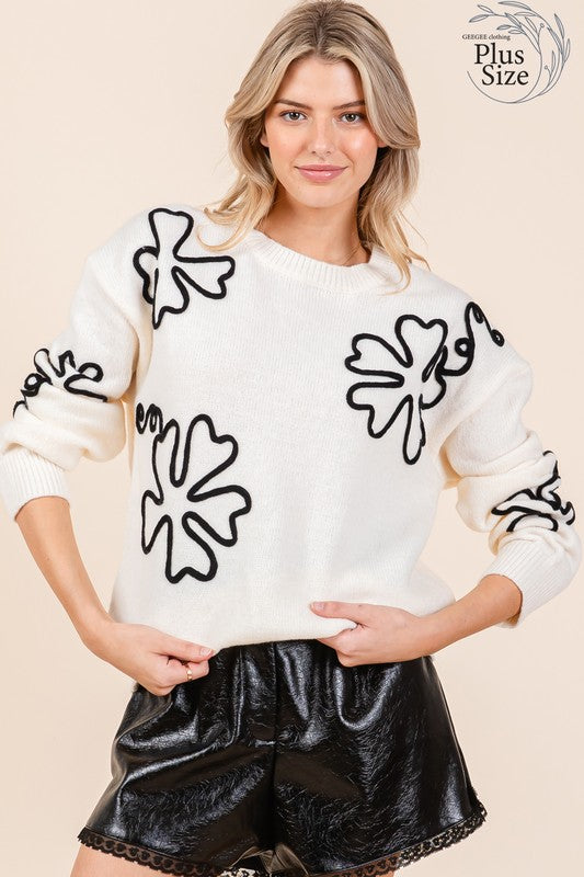 GeeGee Plus Size Floral Embroidered Knit Sweater