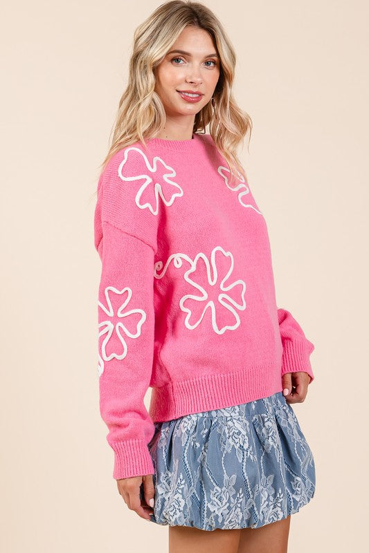 GeeGee Plus Size Floral Embroidered Knit Sweater