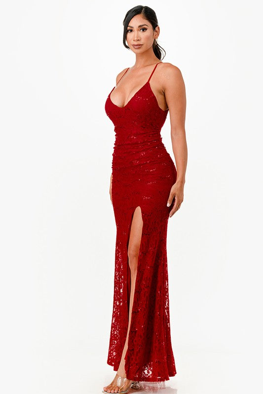 La Scala Sequin Lace Side Slit Gown