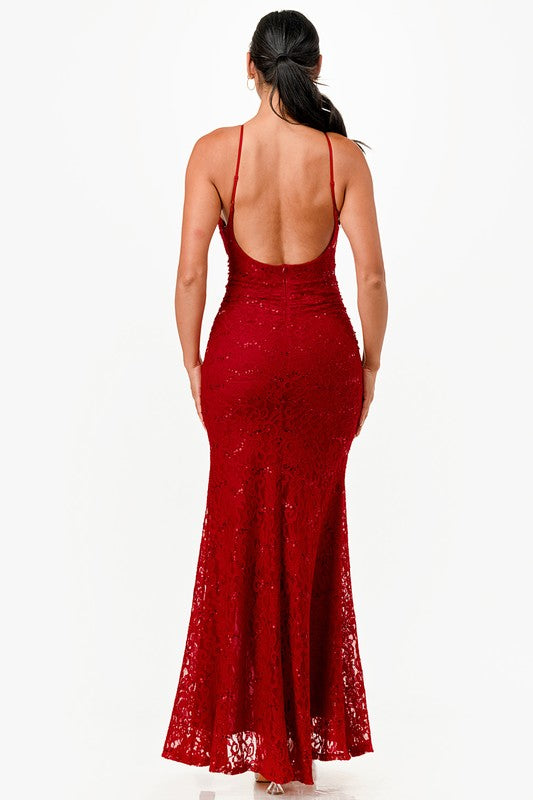 La Scala Sequin Lace Side Slit Gown