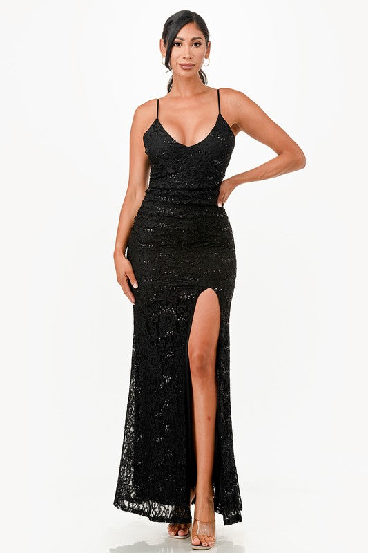 La Scala Sequin Lace Side Slit Gown