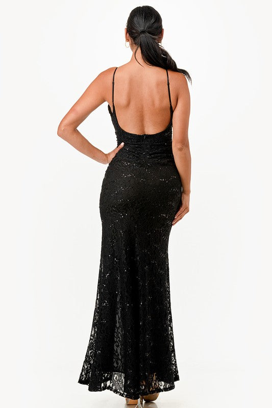 La Scala Sequin Lace Side Slit Gown