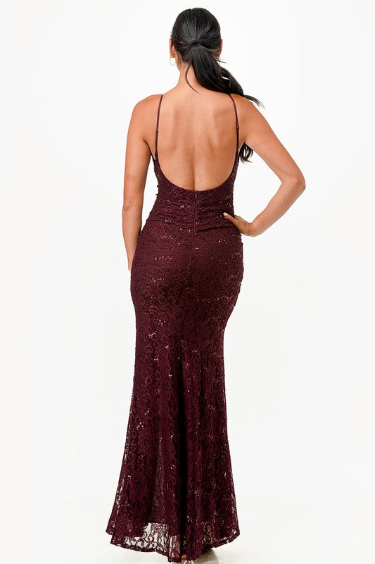 La Scala Sequin Lace Side Slit Gown