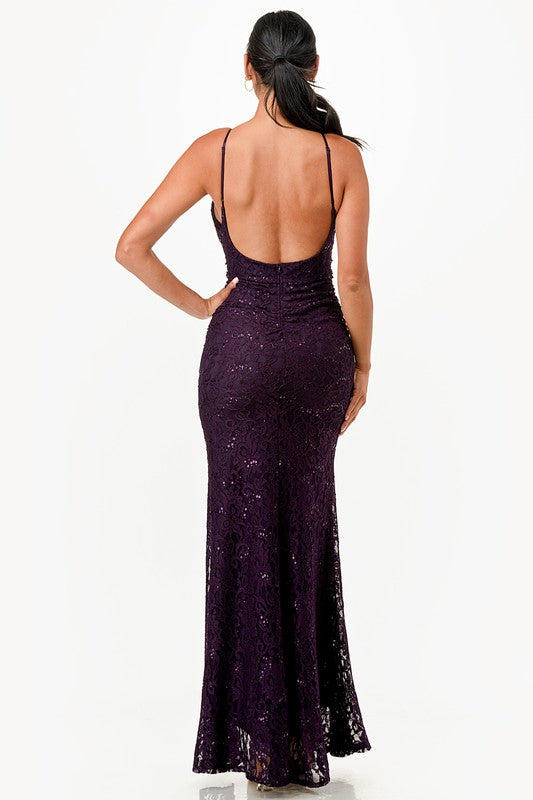 La Scala Sequin Lace Side Slit Gown