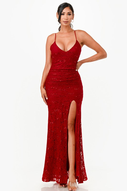 La Scala Sequin Lace Side Slit Gown