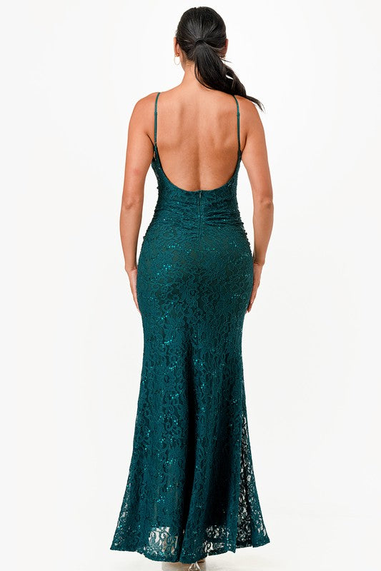 La Scala Sequin Lace Side Slit Gown