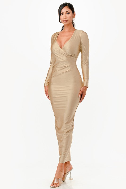 La Scala Surplice Deep-V Shimmery Cocktail Dress