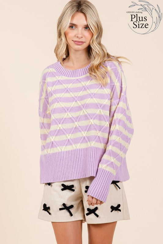 GeeGee Plus Size Stripe Argyle Knit Sweater