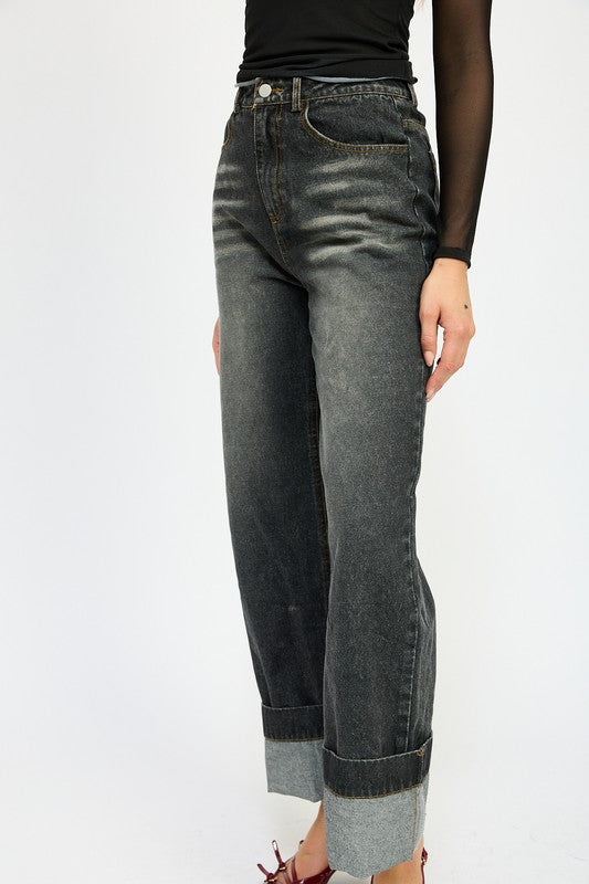 WASHED DENIM PANTS WITH FOLD OVER DETAIL