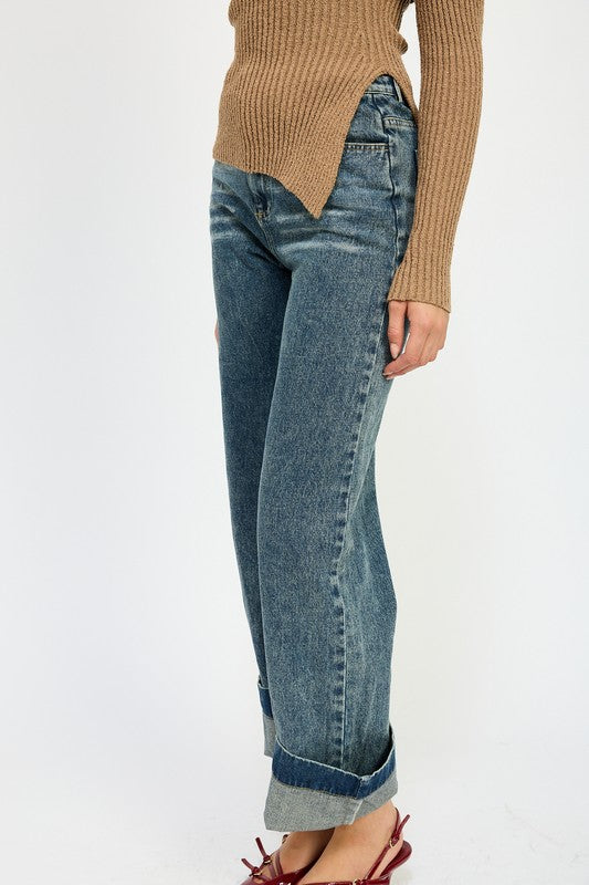 WASHED DENIM PANTS WITH FOLD OVER DETAIL