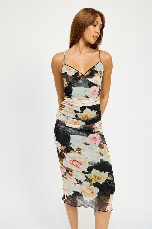 Emory Park Peony Print RUCHED MIDI DRESS