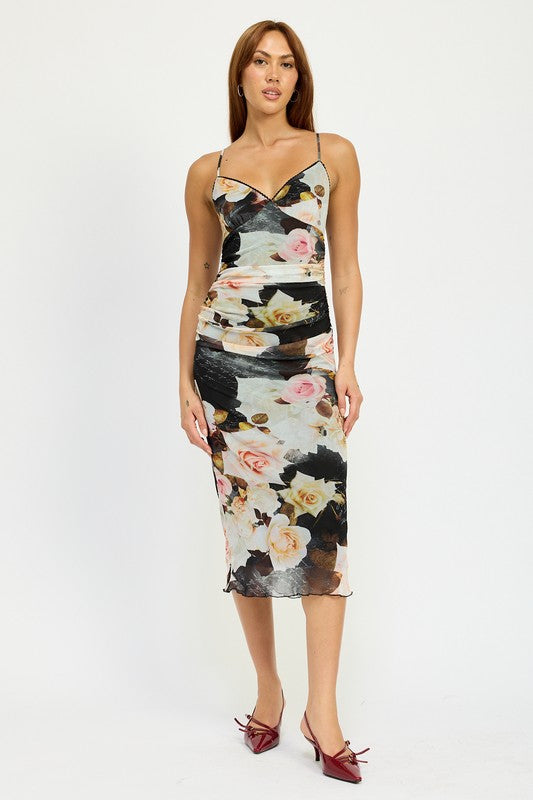 Emory Park Peony Print RUCHED MIDI DRESS