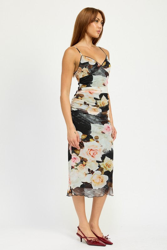 Emory Park Peony Print RUCHED MIDI DRESS