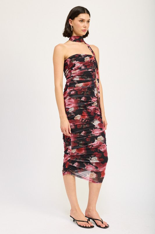 Emory Park SHIRRED FLORAL MIDI DRESS WITH SCARF