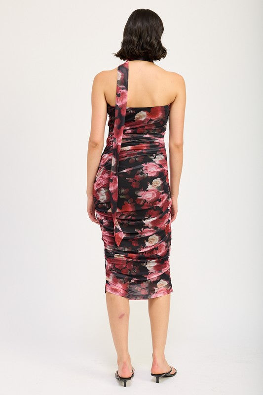 Emory Park SHIRRED FLORAL MIDI DRESS WITH SCARF