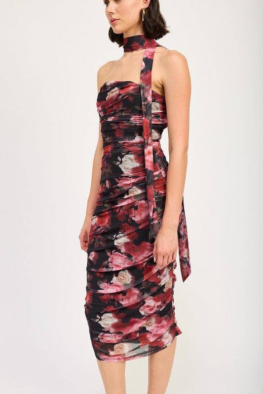 Emory Park SHIRRED FLORAL MIDI DRESS WITH SCARF