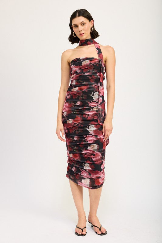 Emory Park SHIRRED FLORAL MIDI DRESS WITH SCARF