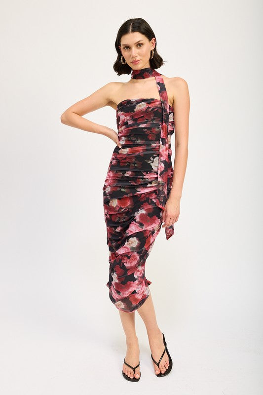 Emory Park SHIRRED FLORAL MIDI DRESS WITH SCARF