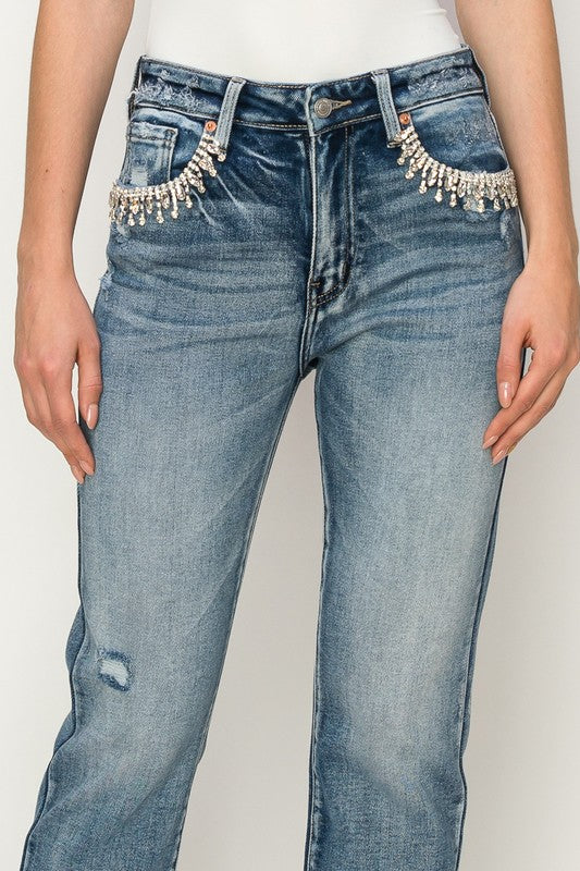 ARTEMIS VINTAGE HIGH RISE CRYSTAL EMBELLISHED CROP STRAIGHT JEANS