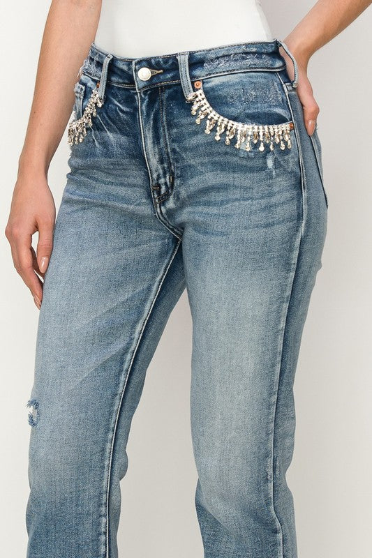 ARTEMIS VINTAGE HIGH RISE CRYSTAL EMBELLISHED CROP STRAIGHT JEANS