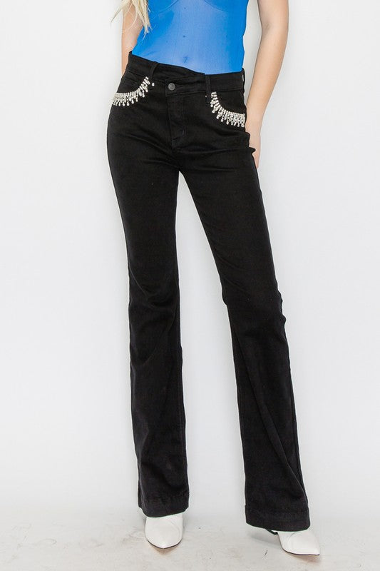 ARTEMIS VINTAGE EMBELLISHED HIGH RISE CROSS OVER FLARE JEANS