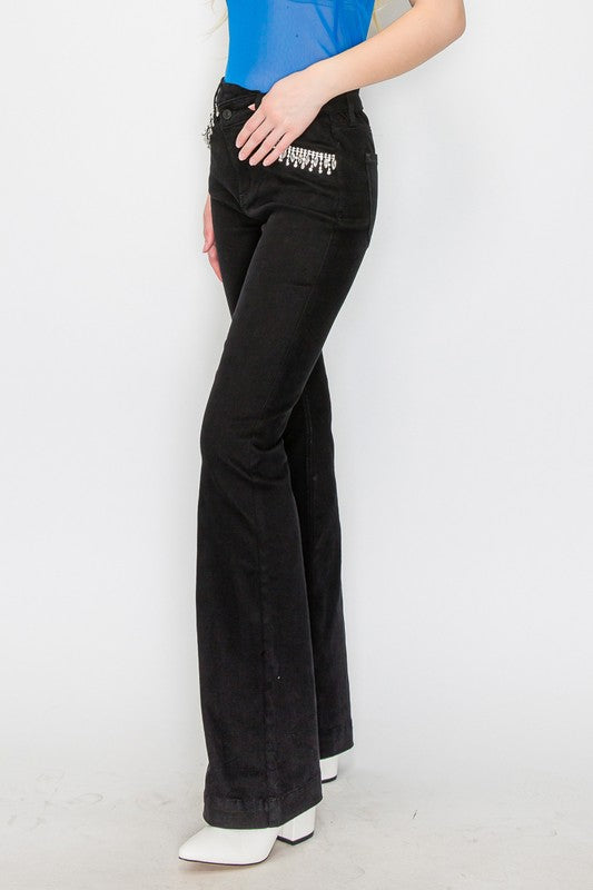 ARTEMIS VINTAGE EMBELLISHED HIGH RISE CROSS OVER FLARE JEANS