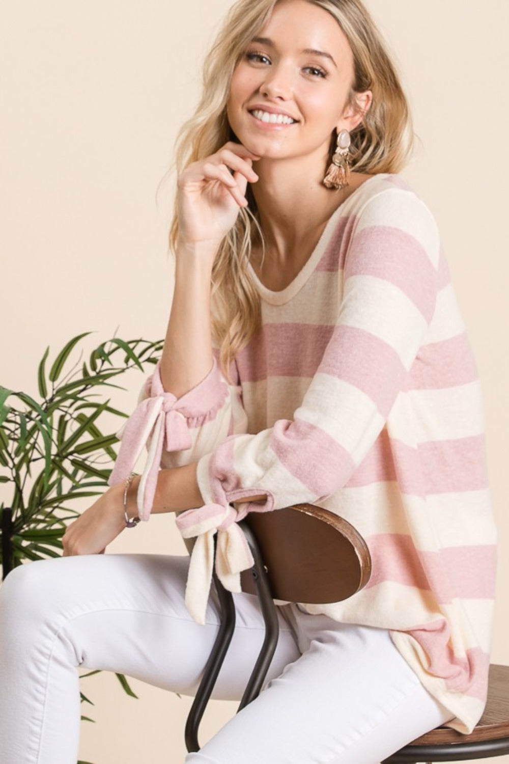 Reborn J Ribbon Cuff Contrast Striped Hacci Top - Boho Soho