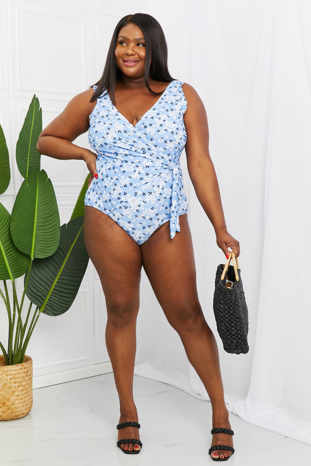 Marina West Swim Float On Ruffle Faux Wrap One-Piece in Blossom Blue