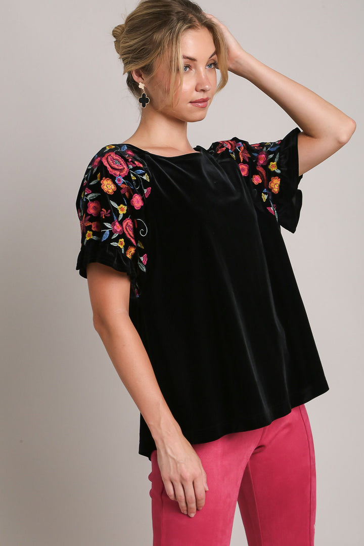 Umgee Velvet Embroidery Short Sleeve Blouse