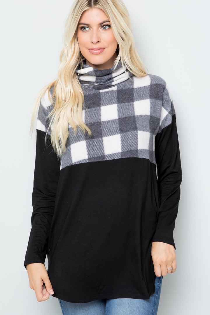 Celeste Plaid Turtleneck Long Sleeve Blouse