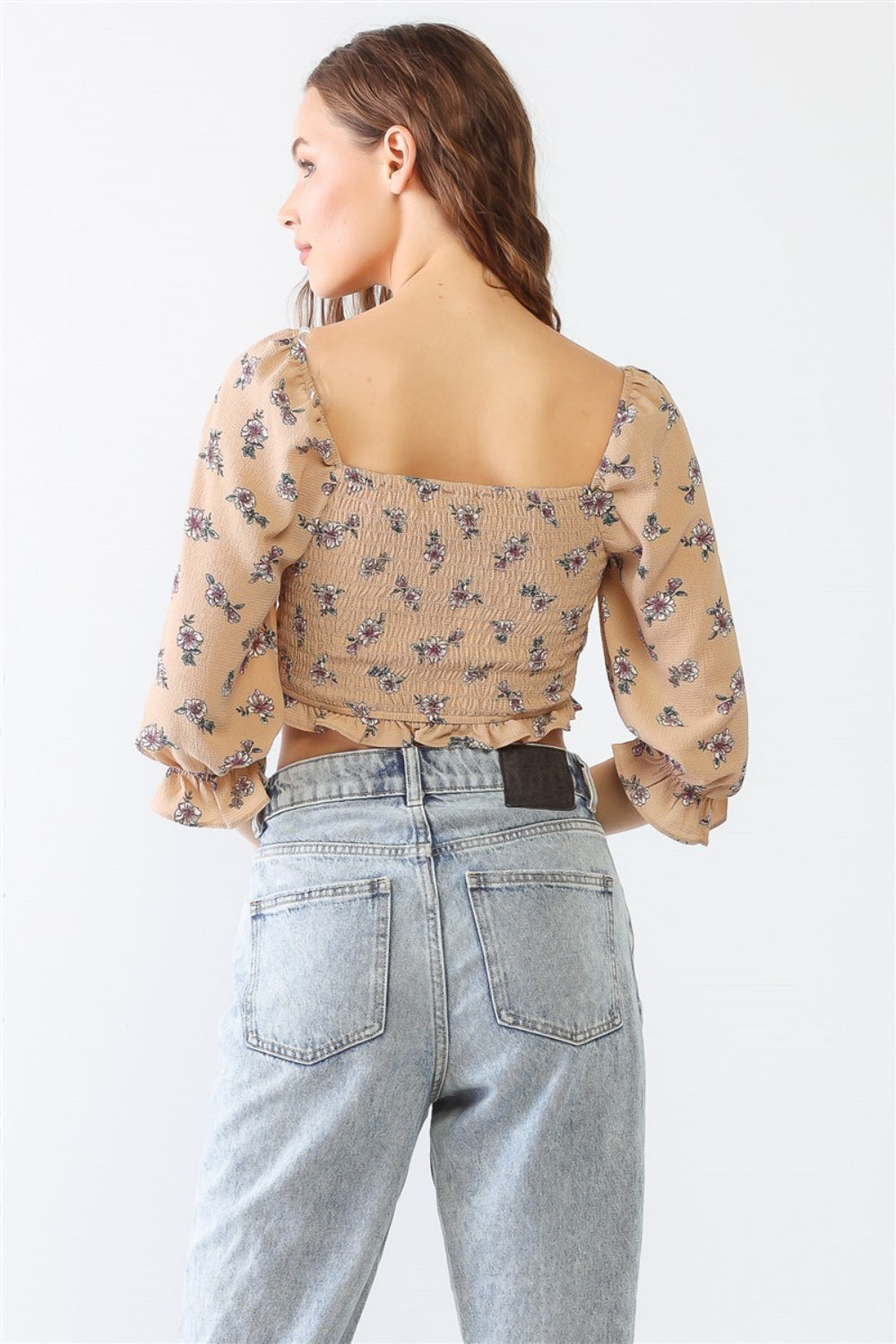 Miss Love Floral Ruffle Smocked Back Ruched Crop Top