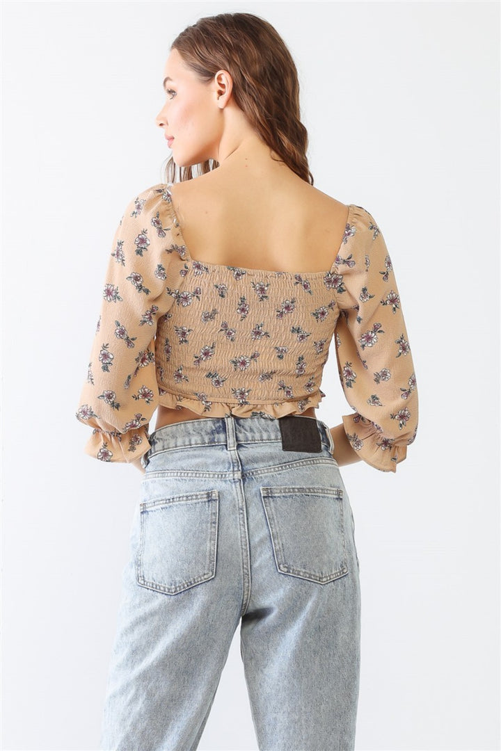 Miss Love Floral Ruffle Smocked Back Ruched Crop Top