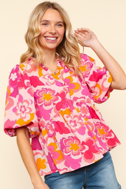 Haptics Frill Floral Puff Sleeve Blouse