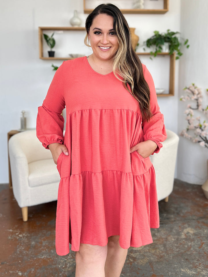 Double Take V-Neck Balloon Sleeve Tiered Dress with Pockets