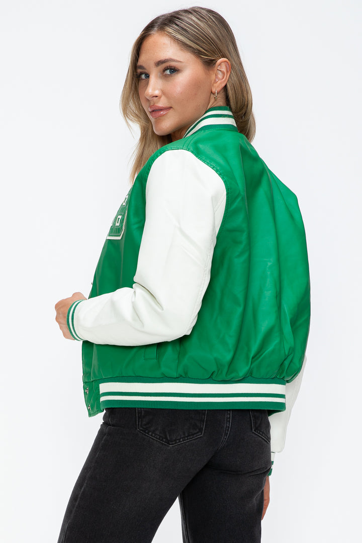 Love Me Now PU Leather Contrast Snap Down Bomber Jacket - Boho Soho