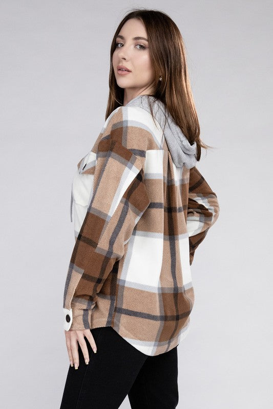 Zenana Plaid Drawstring Hooded Fleece Shacket