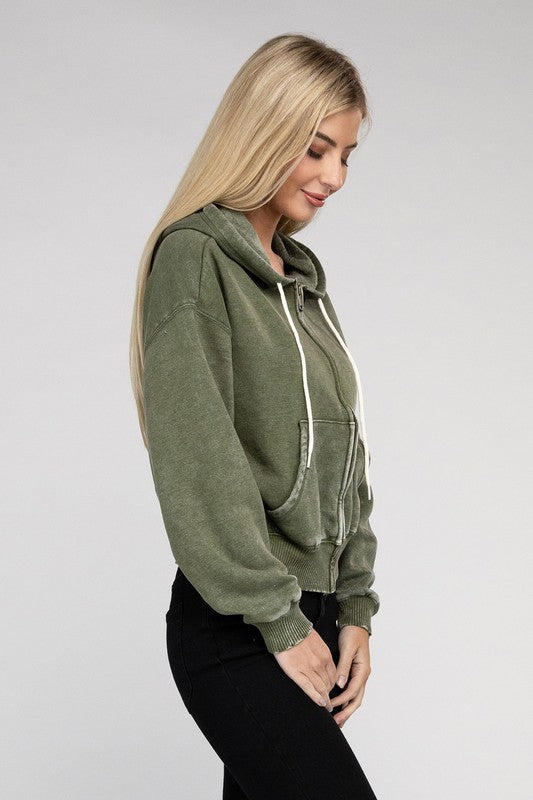 Zenana Acid Wash Fleece Cropped Zip-Up Hoodie - Boho Soho