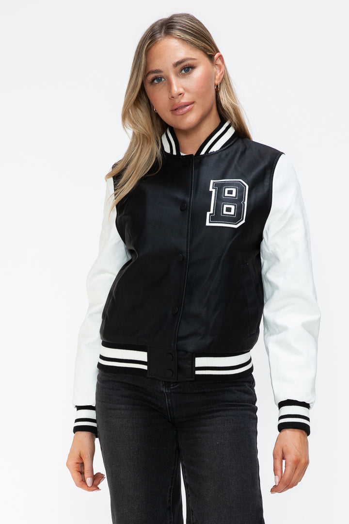 Love Me Now PU Leather Contrast Snap Down Bomber Jacket - Boho Soho